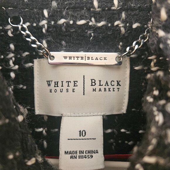 White House Black Market Wool Blend Tweed Coat Size 10 Black Plaid Red Trim - Picture 7 of 11